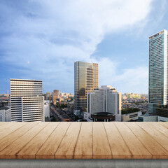 Wall Mural - Wooden floors with skyscrapers and modern buildings