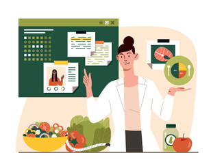 Nutritionist at workplace. Woman with vegetables and fresh salad makes up diet. Health care, balanced nutrition. Vegetarianism and farming, poster or banner. Cartoon flat vector illustration