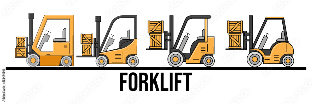 collection of Yellow forklift truck isolated on white background ...