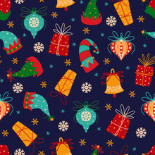 Merry Christmas And Happy New Year Seamless Vector Pattern. Winter Holiday Symbols - Gifts, Snowflakes, Tree Toy, Jingle Bells, Hats Of Santa Claus And Elves. Flat Cartoon Background For Wallpaper