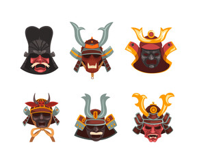 Sticker - Japanese Samurai Mask as Traditional Culture Attribute Vector Set