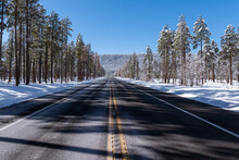 Winter Scene Of A Highway Cutting Straight Through Snow-covered Pines