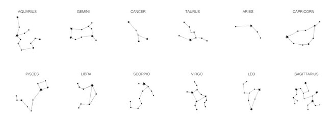 Set of 12 zodiac signs isolated on white background. Constellation of Aries, Taurus, Leo, Gemini, Virgo, Scorpio, Libra, Aquarius, Sagittarius, Pisces, Capricorn, Cancer.