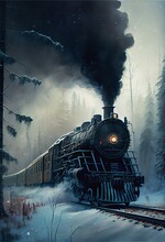 Train Winter Snow Weather Steam Engine Moody Cold Forest Mountain Trek, Generative Ai