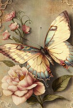 Vintage Background With Butterfly Rose Flower Shabby Chic Design Style Floral
