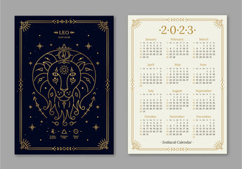 Wall Mural - Year 2023 calendar template with Leo golden zodiac symbol. Pocket size dark navy color calendar with Lion horoscope sign. Week starts on Sunday thin line vector illustration