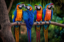A Flock Of Macaws In The Treetops. Generative AI