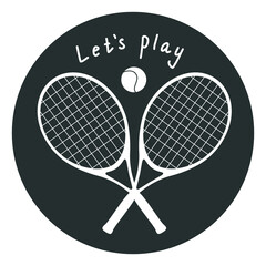 Flat vector silhouette illustration. Hand drawn tennis rackets and a ball for logo.