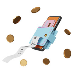 Wall Mural - wallet and orange mobile phone, smartphone with coins, credit card, invoice, paper receipt, electronic bill payment isolated. saving money concept, 3d illustration, 3d render