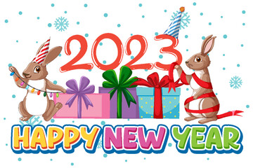 Poster - Happy New Year text with cute rabbit for banner design