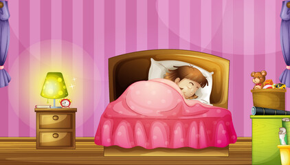 Wall Mural - Little girl sleeping in pink bedroom scene