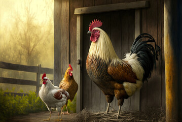 Charming rooster tending to two free-range hens on a farm. Generative AI