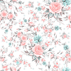 Lovely seamless spring roses pattern. Beautiful print for decoration of textiles and design. Flower background. Art drawing for surface. Tenderness decor.