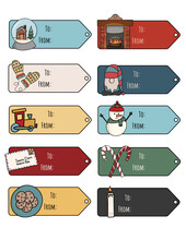 Variety Collection Of Christmas Gift Tags With Christmas Themed Illustrations On Each Label
