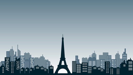 Vector illustration of a city with a silhouette of the eiffel tower and tall buildings around it