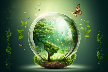 World environment and earth day concept with glass globe and eco friendly enviroment