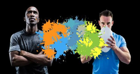 Poster - Animation of stains over diverse rugby players on black background