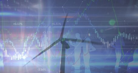 Poster - Animation of financial data and graph over landscape with wind turbines