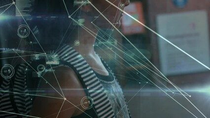 Poster - animation of network of connections with data processing over biracial schoolgirl