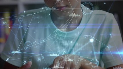 Poster - Animation of network of connections with data processing over biracial schoolboy