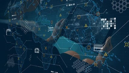 Poster - Animation of world map and data processing over caucasian businesswoman using tablet