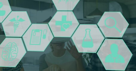 Poster - Animation of medical icons over diverse people using vr headsets