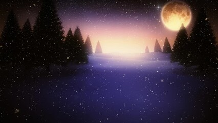 Wall Mural - Animation of snow falling over night forest winter landscape