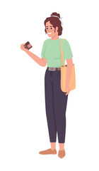 Poster - Lady holding lotion jar semi flat color vector character. Treatment for skin. Editable figure. Full body person on white. Simple cartoon style illustration for web graphic design and animation