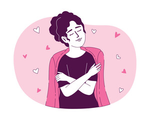 Poster - woman hugging herself 2d vector isolated linear illustration. self loving positive thin line flat ch