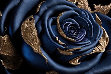 Macro closeup of floral silk fabric purple rose flower with gold inlay and embroidery design.