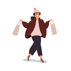 Wall Mural - Happy woman going with shopping bags. Young smiling girl walking on street on winter holidays. Excited buyer with purchases at wintertime. Flat vector illustration isolated on white background