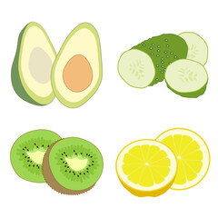  Vegetable fruit set with avocado, cucumber and kiwi, lemon in flat minimalistic style, vector isolated on white background.