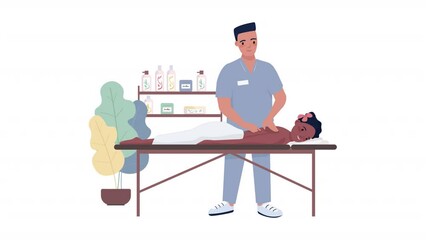 Poster - Animated spa massage characters. Therapist working with customer back. Full body flat people on grey background with alpha channel transparency. Colorful cartoon style HD video footage for animation