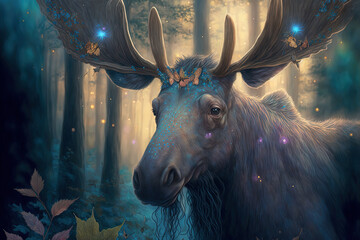 Wall Mural - Wonderful moose in fairy forest. Digital artwork