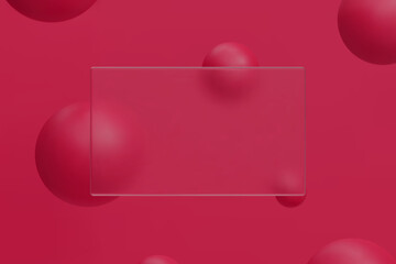 3d abstract background. Glassmorphism concept with geometric shapes - sphere, ball, bubble. Frosted glass effect. Trendy viva magenta color 2023 year. Vector illustration realistic glass morphism