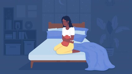 Poster - Animated period aches illustration. Menstrual cramps at night. Woman relieve menstruation pain. Looped flat color 2D cartoon character animation with bedroom on background. HD video with alpha channel