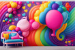 Birthday greeting or anniversary party in motion with full of colorful balloons with rainbow colors , use it as a background or greeting or setup party room.  Generative ai 