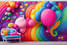 Birthday Party Card Full With Balloons With Rainbow Colors , Use It As A Background Or Greating Card Or Setup Room