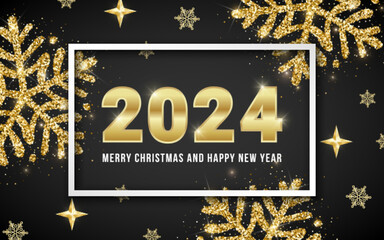 Wall Mural - 2024 Merry Christmas and Happy New Year greeting card design with golden numbers, shiny gold glitter snowflakes on black background. Vector illustration for web, xmas banner, mail, flyer, invitation