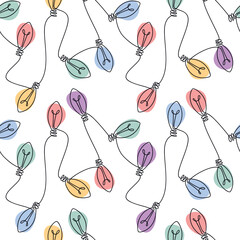 Festive light bulb garland vector icon seamless pattern. One line continuous hand drawn illustration. Wallpaper, graphic background, fabric, print, wrapping paper, banner, card.