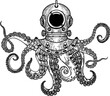 Illustration of vintage diver helmet with octopus tentacles. Design element for poster, card, t shirt. Vector illustration