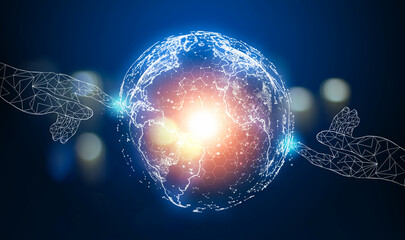 Hands touching Global communication network concept. Environmental technology.