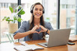 canvas print picture - Woman, call center and laptop with heart gesture for telemarketing, customer service or support at the office. Portrait of happy employee consultant with smile and hands with love symbol by computer