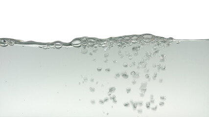 Wall Mural - Water waves and splash with bubbles of air isolated on white background	