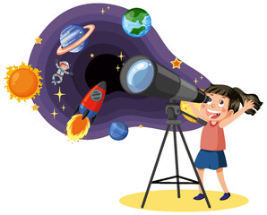Wall Mural - girl observing planets with telescope