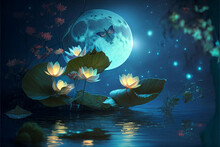 Waterlily And Moon In Starry Night , Illustration