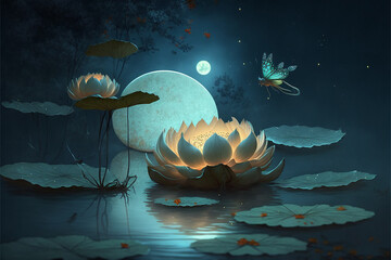 waterlily and moon in starry night , illustration