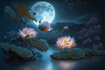 waterlily and moon in starry night , illustration