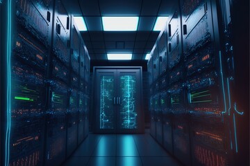 Aufkleber - Data center or server room with servers of information cloud storage. Server racks in a computer security network server room. AI
