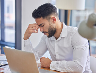 Poster - Headache, business man and work stress of a employee working on a computer glitch and audit. Anxiety, fatigue and burnout of a accounting businessman with 404 problem on office laptop on tax website